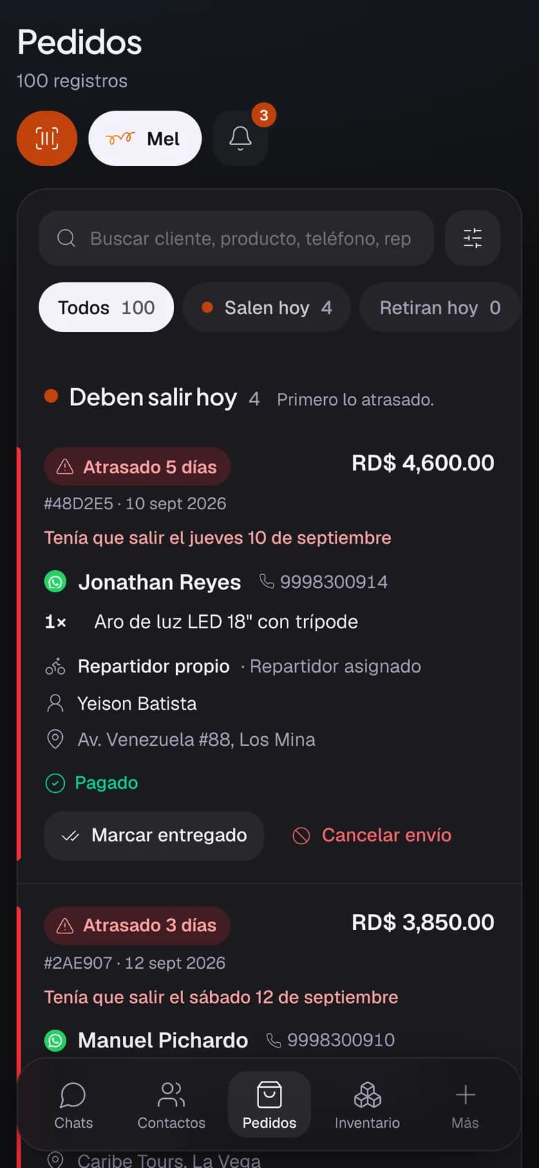 La pantalla de Pedidos con la sección «Deben salir hoy» y los pedidos atrasados marcados en rojo.