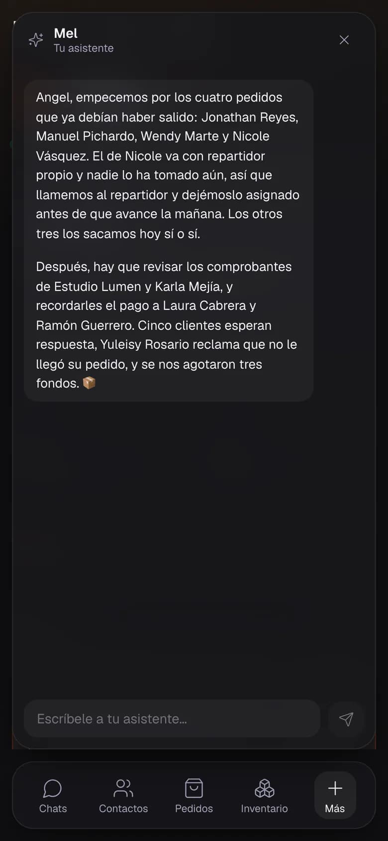 El chat del panel con el saludo de MEL: los pedidos atrasados, el repartidor que falta y los comprobantes por revisar.